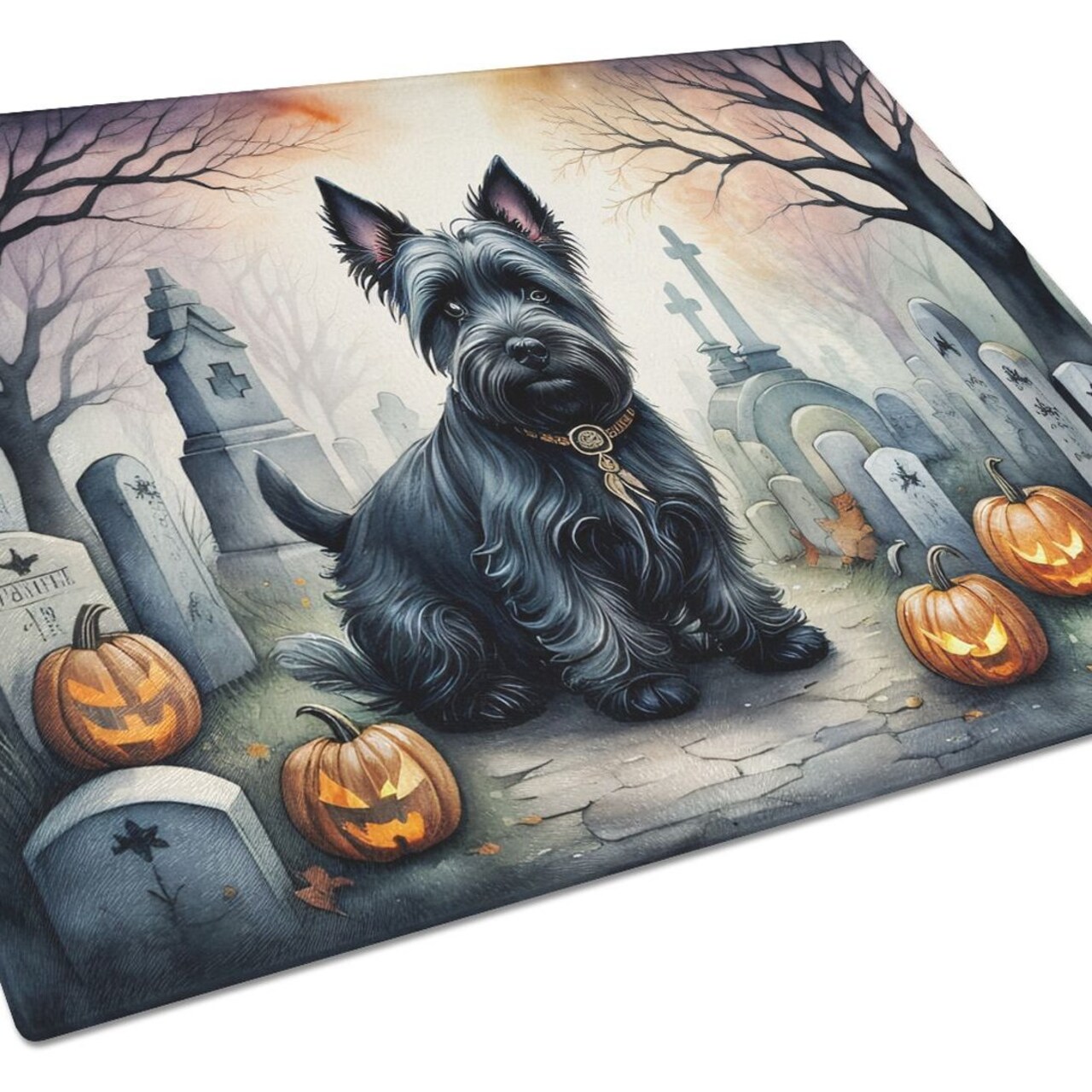 Edge Collections - 15" x 12" - Multicolor - Glass Cutting Board Scottish Terrier Halloween Design - 1 Piece